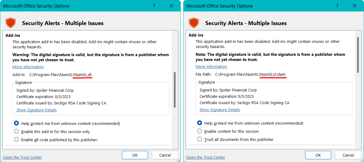 Locate NumXL, and NumXLUI issues inside the “Microsoft Office Security Options” dialog.