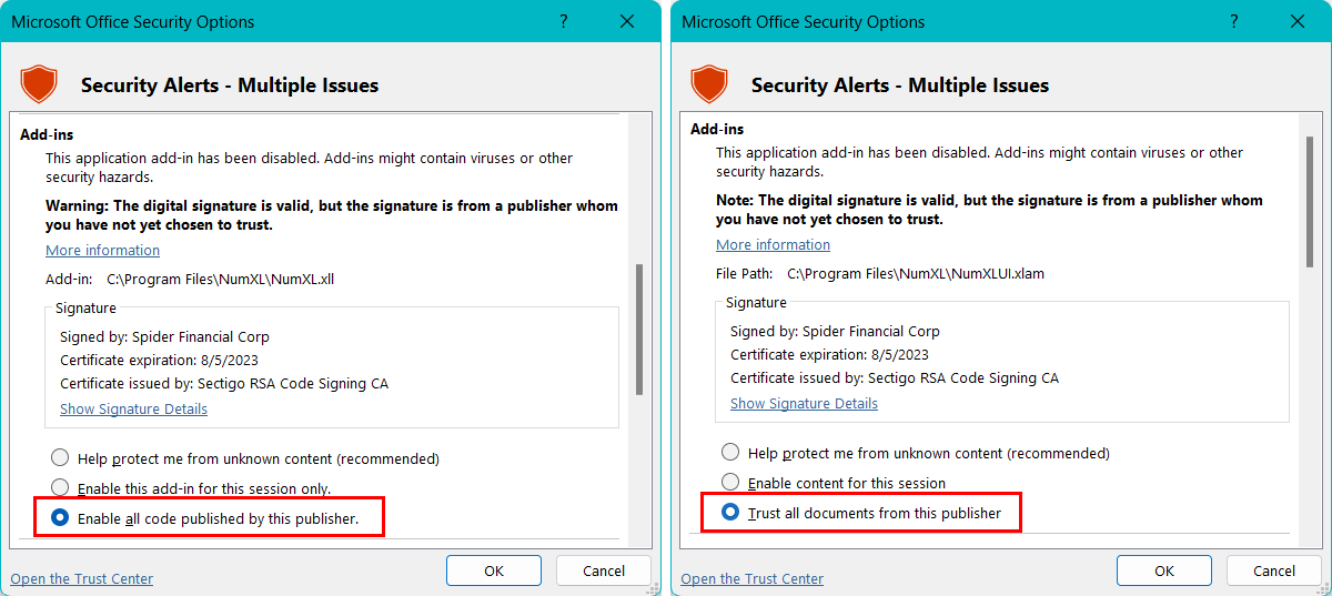 Select the options to trust all documents and codes from this publisher.
