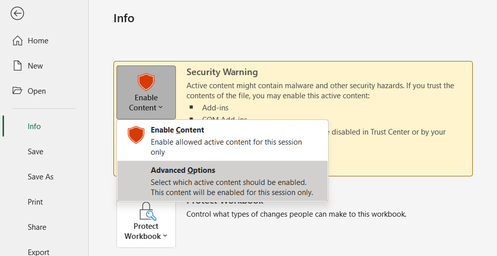 Press “Enable Content” and then click on “Advanced Options”.
