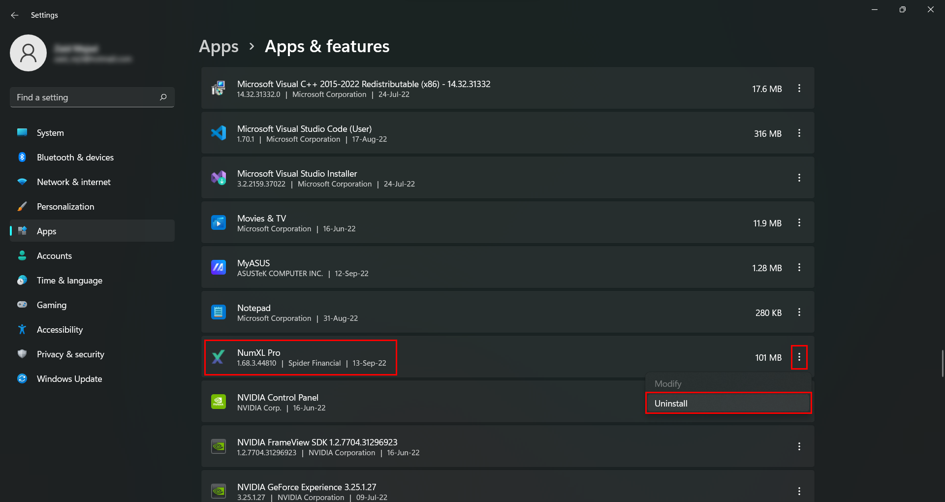 Select NumXL Pro and press on Uninstall.