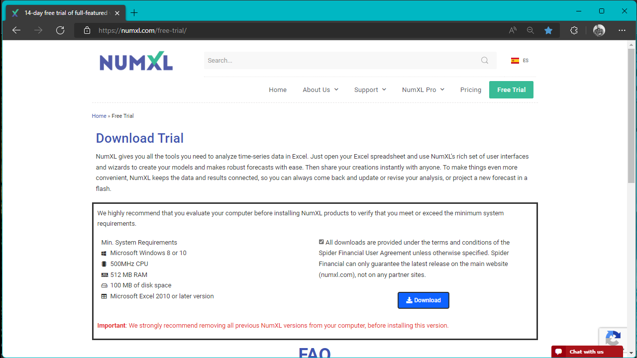 Descargue la configuración de NumXL desde la página de prueba gratuita.
