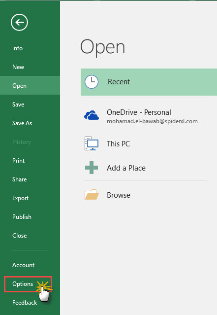 Switch to the File tab in Excel and locate the options entry in the left sidebar.