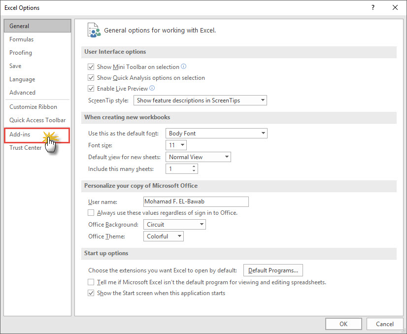 In the Excel Options dialog, locate the Excel add-ins entry in the left sidebar