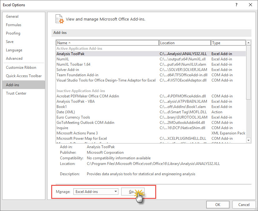 At the bottom of Excel options, locate the Manage Excel Add-ins section, and click on the Go button 