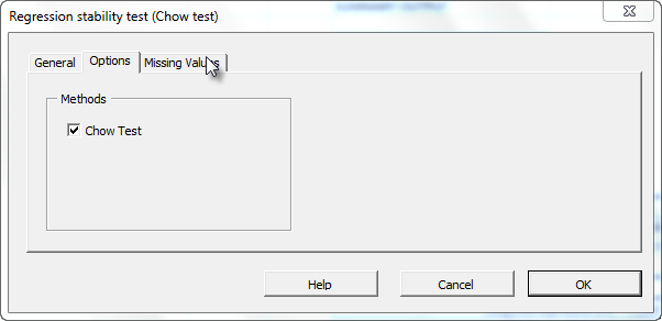 Options tab in the regression stability Test dialog in NumXL