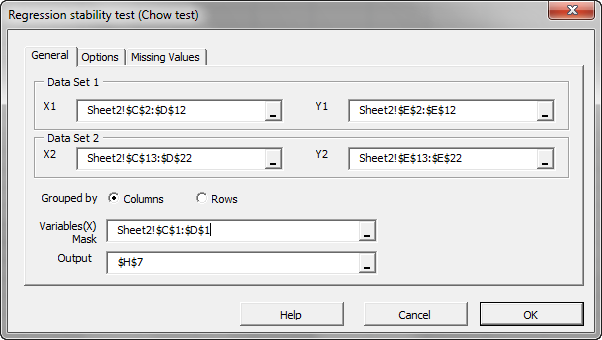 Regression stability test wizard or dialog box.