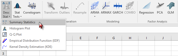 Invoking the summary statistics wizard in NumXL 1.63 Toolbar.