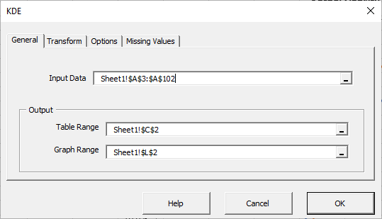 Esta figura muestra la pestaña “General” del asistente KDE de NumXL en Excel.