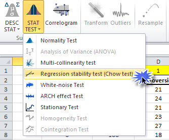 Under statistical testing, select regression statbility test menu to launch the wizard.