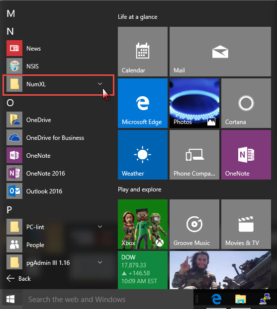 Esta figura muestra el menú NumXL contraído en el menú Inicio de Windows 10.