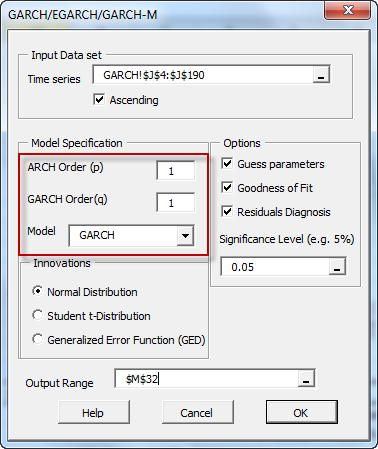 NumXL GARCH model wizard or dialog box.