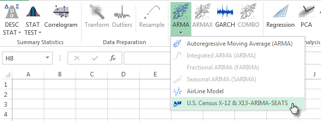 Icono X12-arima en la barra de herramientas NumXL en Excel.