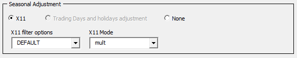 Sección del filtro X11 (ajuste estacional) en NumXL X12-arima Wizard o cuadro de diálogo.