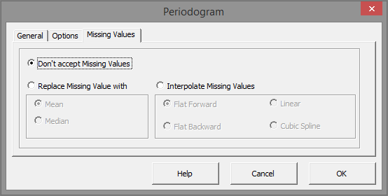 Missing values treatment tab in NumXL Periodogram dialog in Excel.