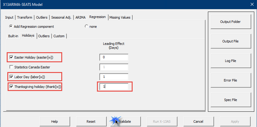 In the 'Regression' tab, select the 'Holidays' inner tab, then choose 'Easter', 'Labor Day', and 'Thanksgiving'. Set the lead/lag days for 'Thanksgiving' to 1 and press on 'Validate'.