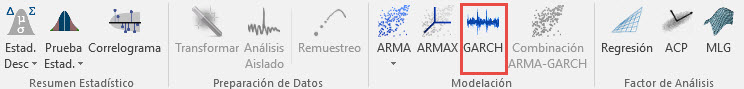 In this figure, we show the GARCH wizard icon in the NUmXL toolbar