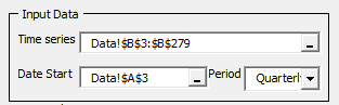 Sección de datos de entrada en el Asistente o cuadro de diálogo de NumXL X12-arima.