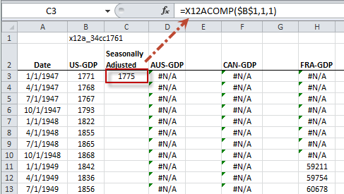 Componente de ajuste estacional generado por el modelo NumXL X12-ARIMA y su fórmula de hoja de cálculo X12ACOMP.