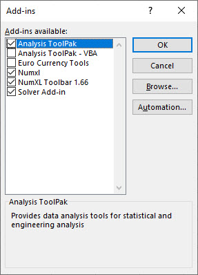 The Add-in manager in Excel showing NumXL and NumXL UI listed after installation.