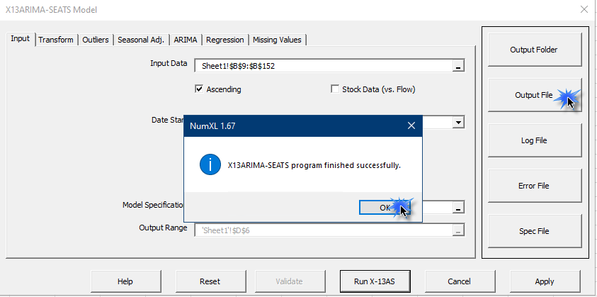 In the X13ARIMA-SEATS Model wizard, press on 'Validate', and 'Run X-13AS', then on 'Output File' to be able to view the output files generated by the US census X13AS program.