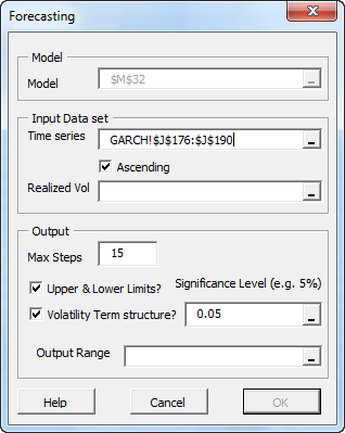 NumXL forecast wizard/dialog.