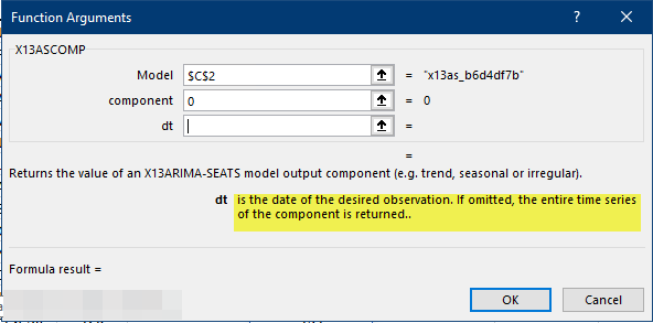 Esta figura muestra el cuadro de diálogo Argumentos de funciones de Excel para la función X13ASCOMP de NumXL.