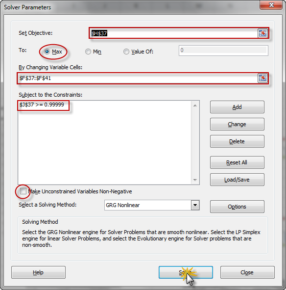 In this figure, we show the solver dialog/wizard.