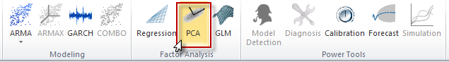 Ícono de análisis del componenente principal en la barra de herramientas de NumXL toolbar o el llamado ¨ribbon¨ en Excel.
