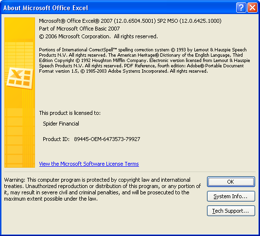 Esta figura muestra el cuadro de diálogo Acerca de Excel 2003.