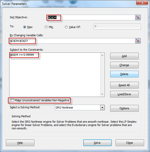 Excel Solver with GARCH(1,1) model calibration settings with its fields initialized with model's cells.