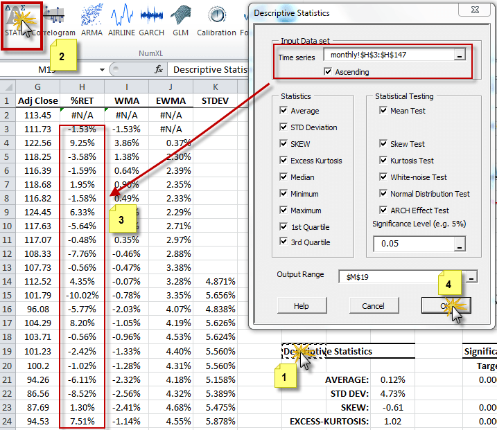 This figure shows the descriptive statistics dialog lists a wide range of summary statistics measures and tests. By default, all measures and tests are checked (i.e., selected).