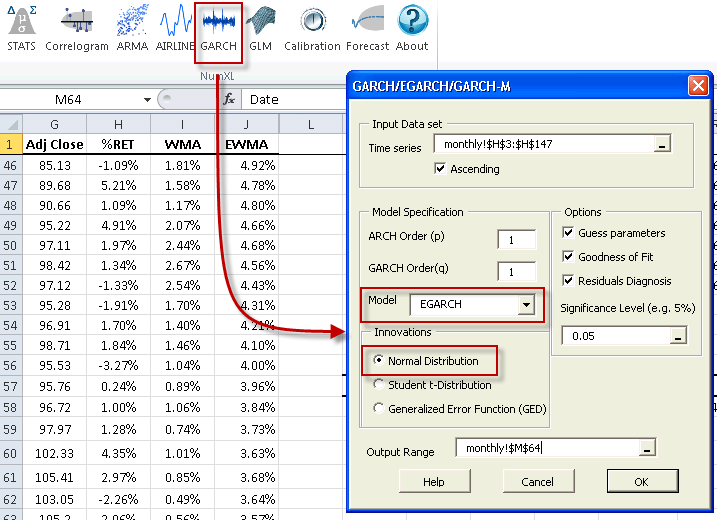 In this figure, The E-GARCH Model Wizard pops up, and show all the different inputs and options required.