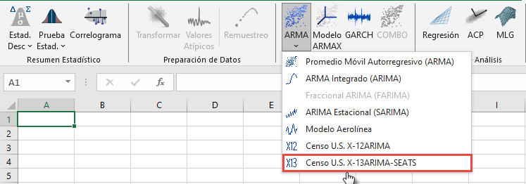 Esta figura muestra la ubicación de la funcionalidad X-12-ARIMA en la barra de herramientas de NumXL en Microsoft Excel.