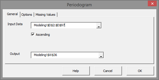 General tab in NumXL Periodogram dialog in Excel.