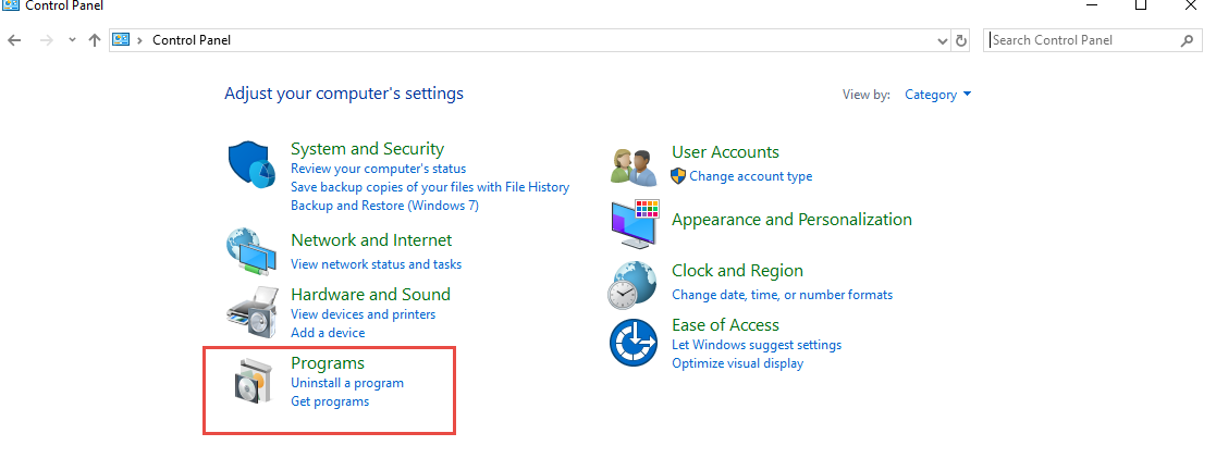 Locate and launch Programs & Features Applet