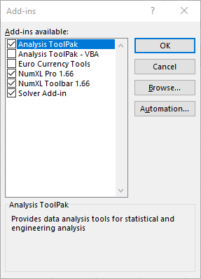 The Excel add-ins manager windows shows the NumXL add-ins listings.