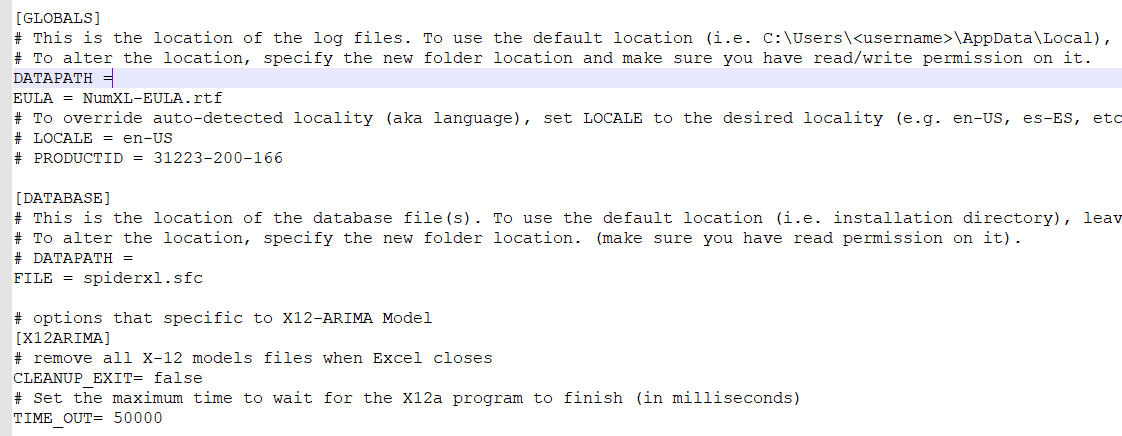 La imagen muestra el directorio de instalación de NumXL donde la entrada del Datapath puede configurarse en un directorio diferente