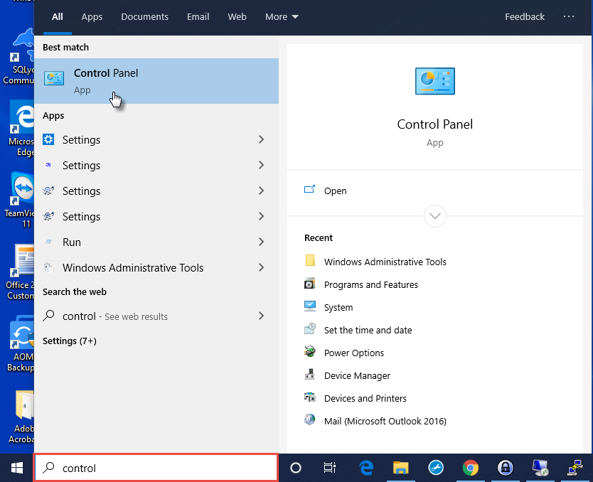 Locate and launch classic control panel under Windows 10