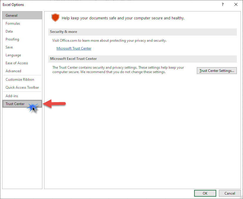 Locate and click on the trust center tab
