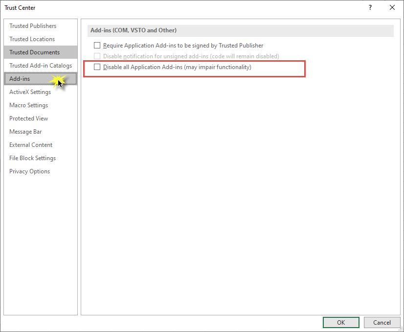 Locate and click on the add-ins tab