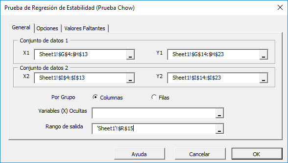 Select the input data cells range in The regression stability test dialog/wizard