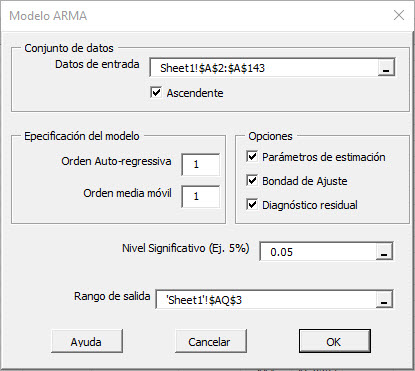 In this figure, we show the NumXL model dialog or Wizard