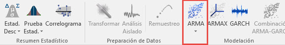 In this figure, we show the ARMA model icon in the NumXL toolbar
