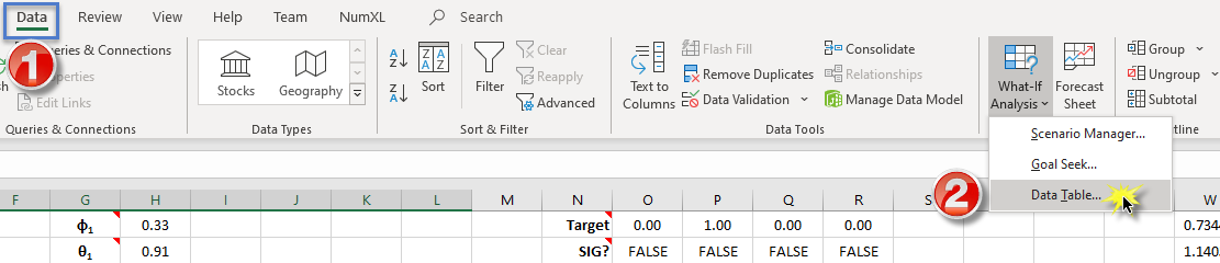 This figure shows the Excel data table menu
