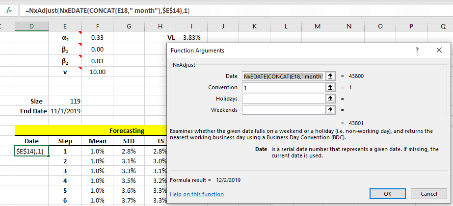 This figure shows the formula for adjusting the calculated date to the next nearest workday using NxAdjust(.) function.