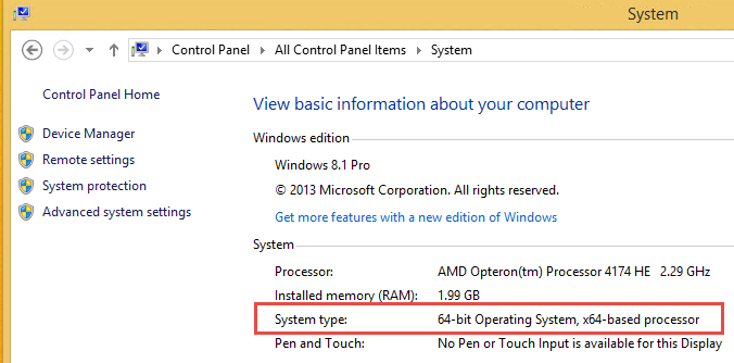 Deze afbeelding toont het systeemvenster met de informatie in de afbeelding. Zoek het systeemtype voor het aantal bits waarop je Windows-besturingssysteem draait.