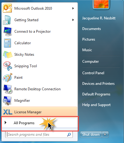 Diese Abbildung zeigt den Benutzer, der im Startmenü von Windows 7 auf die Schaltfläche 'Alle Programme' drückt.