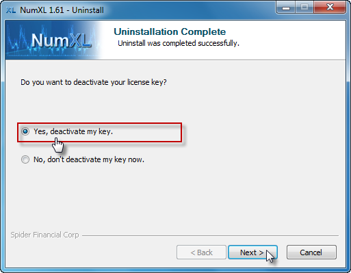 Le programme de désinstallation de NumXL invite l'utilisateur à désactiver la clé de licence.