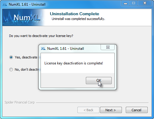 Mensagem de confirmação depois que o desinstalador do NumXL desativou a chave de licença.