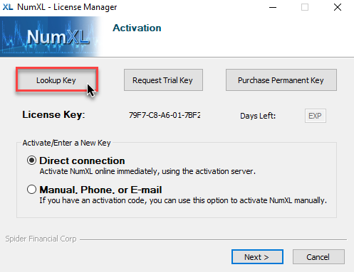 Procure a chave de licença usando o NumXL License Manager.